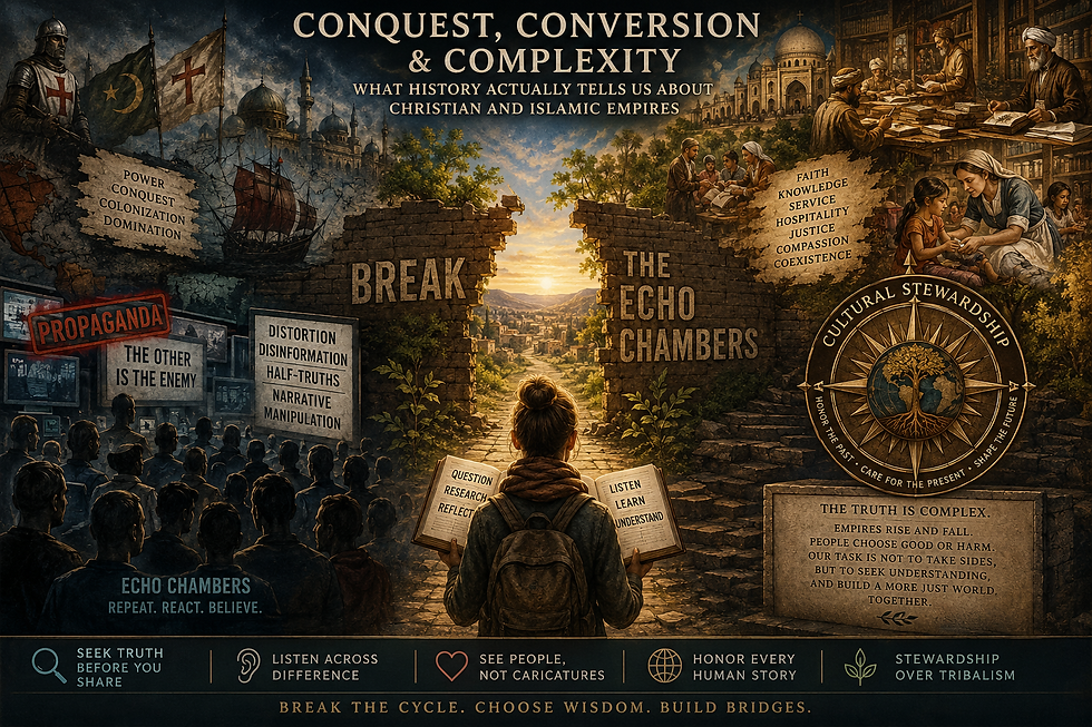 Historical and modern imagery representing conquest, religious conversion, cultural exchange, and the complex relationships between faith, identity, power, and human experience across civilizations.