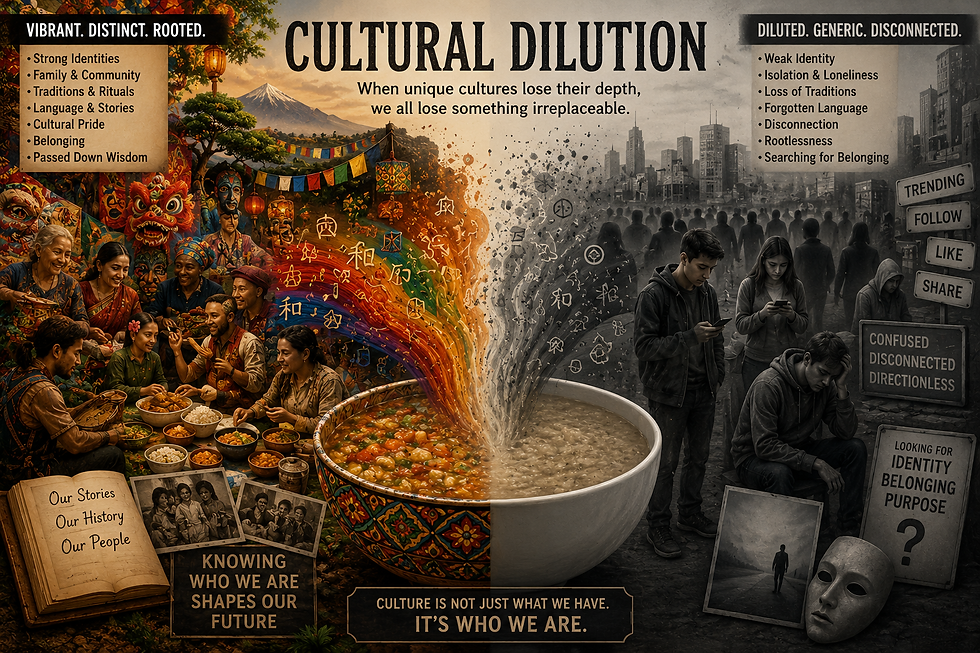 A split-scene illustration depicting the concept of Cultural Dilution. The left side shows vibrant cultural life with diverse families sharing food, traditional clothing, ancestral photographs, storytelling, community gatherings, and cultural symbols representing strong identity, belonging, and heritage. The right side transitions into a gray, disconnected urban landscape where isolated individuals stare at phones, surrounded by signs referencing loneliness, confusion, lost traditions, and the search for identity. At the center, a richly flavored communal stew gradually dissolves into a bland, colorless mixture, symbolizing the loss of cultural depth and connection.