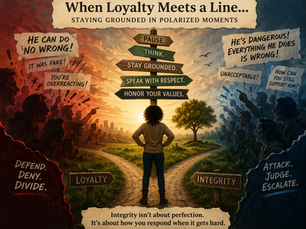 A symbolic illustration of a person standing between two polarized groups, representing the tension between loyalty and integrity in difficult conversations. The image highlights the importance of staying grounded, thinking critically, and engaging with respect in emotionally charged situations.
