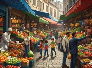 Illustrated Middle Eastern marketplace scene showing families and vendors of diverse backgrounds buying and selling fruits, vegetables, and spices along a narrow street lined with colorful awnings, symbolizing shared daily life and coexistence across cultures.