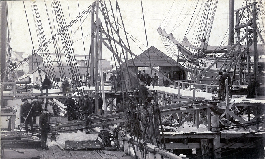 Maine Ice Company loading ice from West Harbor Pond onto schooner General E. S. Greeley Boothbay Harbor