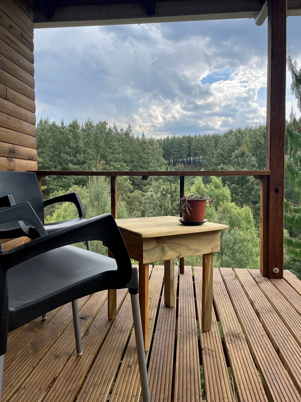 Deck view from Protea Cabin overlooking a forest