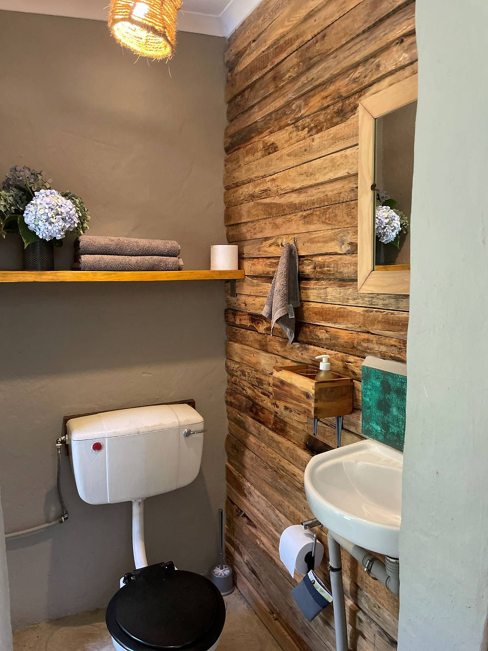 Bathroom in Blackwood Cottage with toilet and basin, wooden wall detail