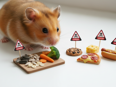 Hamster sniffs tiny foods on a white background, with danger signs over seeds, veggies, cookie, cheese, pizza and hot dog.