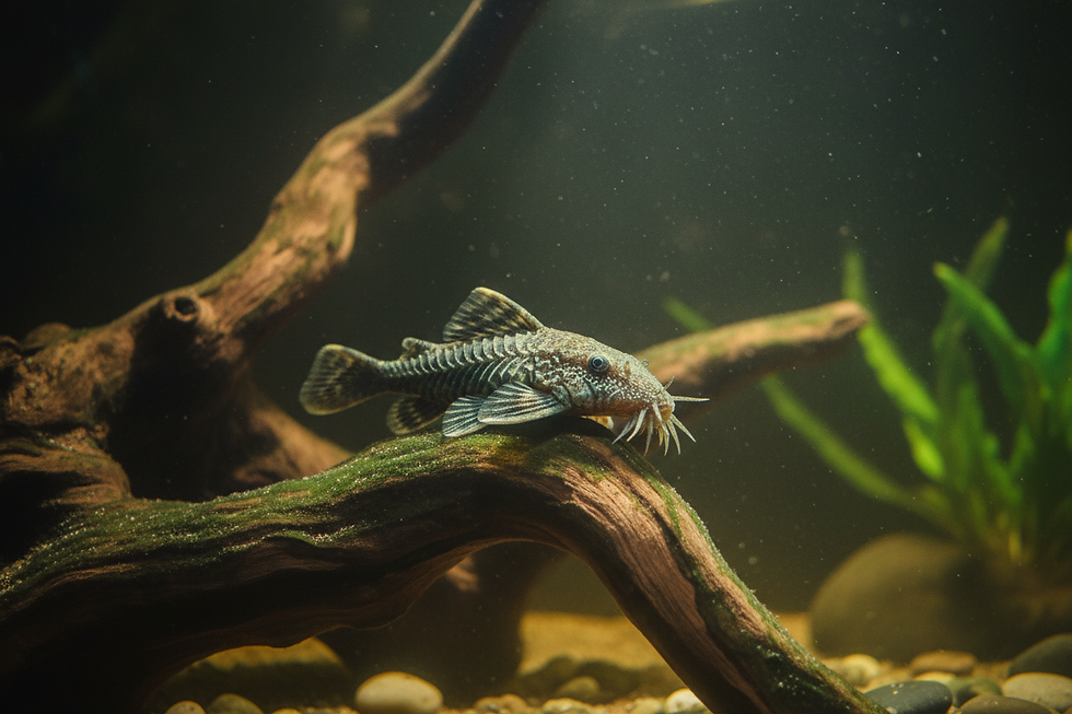 Spotted catfish rests on mossy driftwood in a dim aquarium with green plants, rocks, and floating specks.