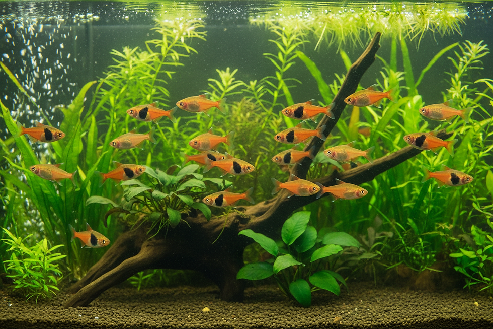 Orange fish with black spots swim through a lush green planted aquarium with driftwood and bubbles.