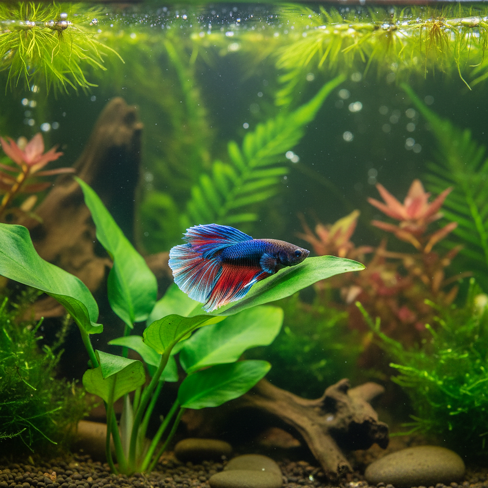 Blue and red betta fish glides beside green aquatic leaves in a planted aquarium with driftwood and bubbles.