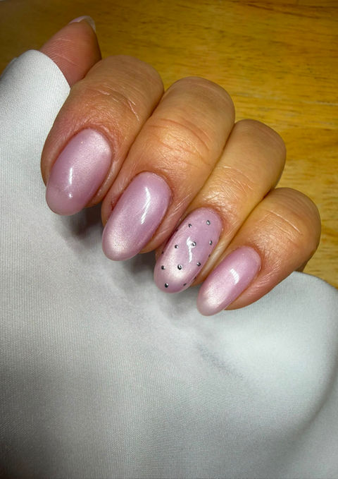velvet style pink biab with silver nail art 