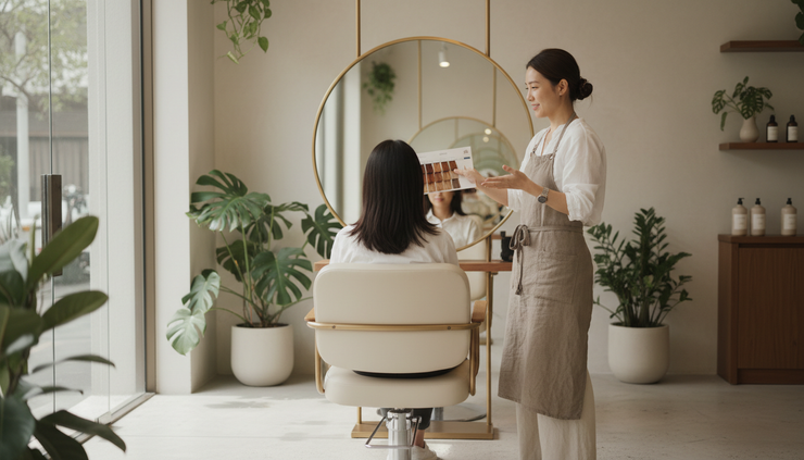 Eye-level view of a client discussing hair colour swatches with a stylist in a calm Singapore salon