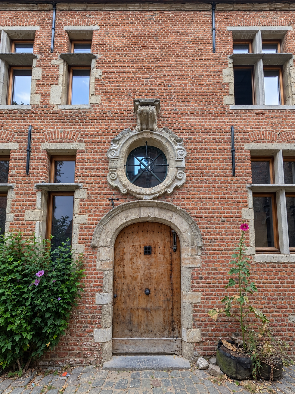 Brick historic facade with an arched wooden door, circular window, tall windows, and blooming flowers beside the entrance.