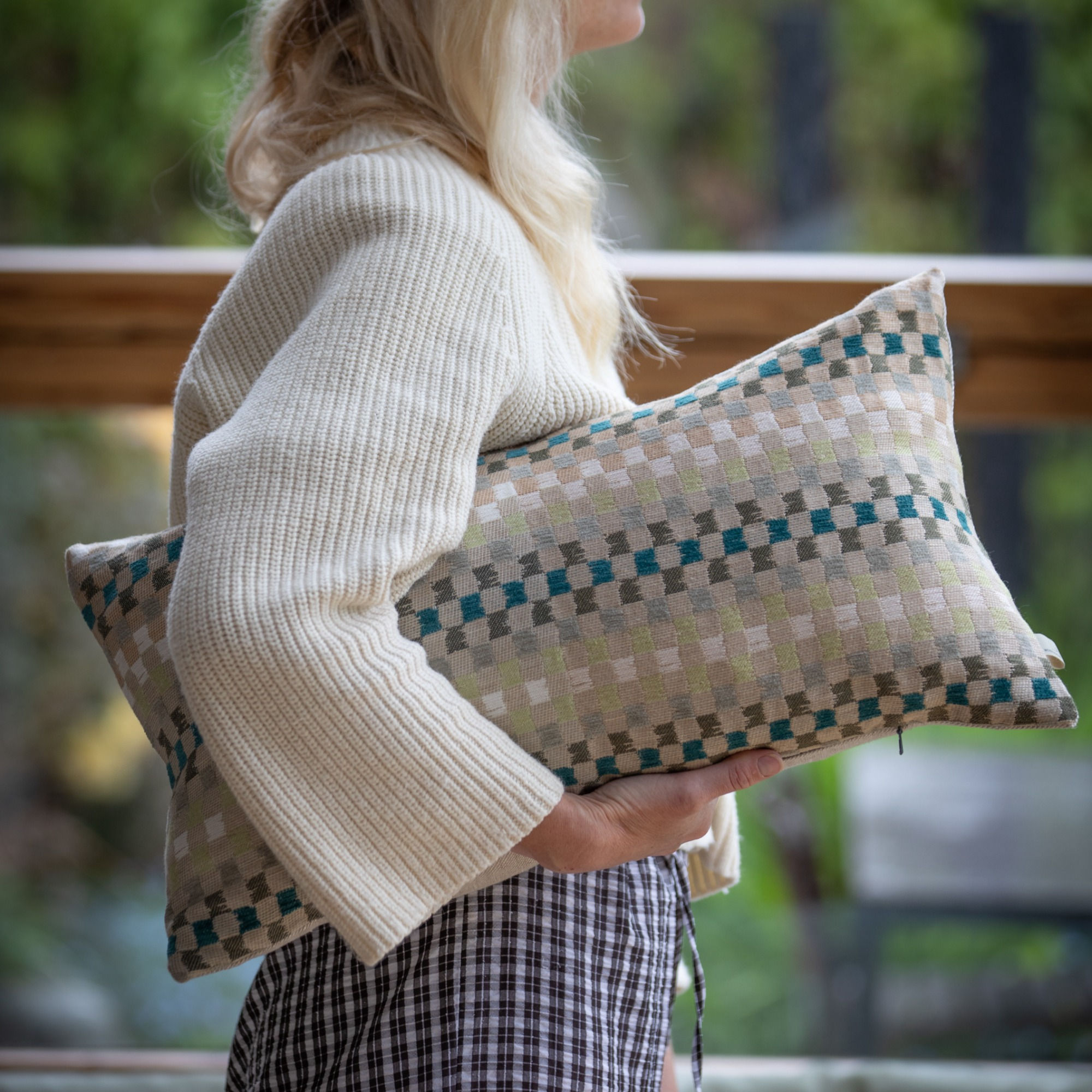 Heather Check Medium Cushion - Teal