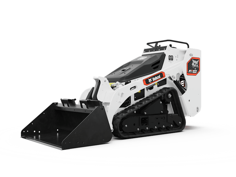 Bobcat MT100 mini track loader with bucket attachment on a roofing jobsite, official Bobcat product image