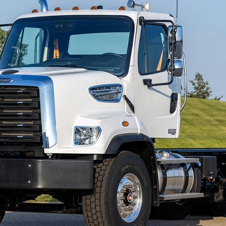 Freightliner 108SD Plus chassis awaiting inspection before a body upfit; a current DOT inspection strengthens a chassis appraisal ahead of dump truck financing. Photo: Freightliner.