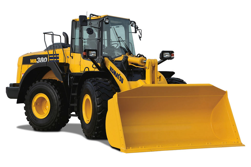 Komatsu WA380-8 wheel loader next to a CAT 950 GC wheel loader, official manufacturer product photos