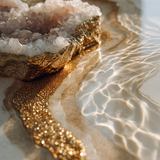 Rose quartz and clear quartz geode with gold edging on a reflective gold surface with shimmering water and soft light, creating a luxurious crystal-inspired aesthetic.