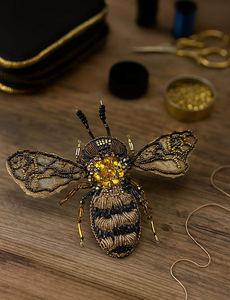 Abeja bordada con chaquiras doradas, negras y tornasoladas, posada sobre una flor blanca entre hojas verdes.