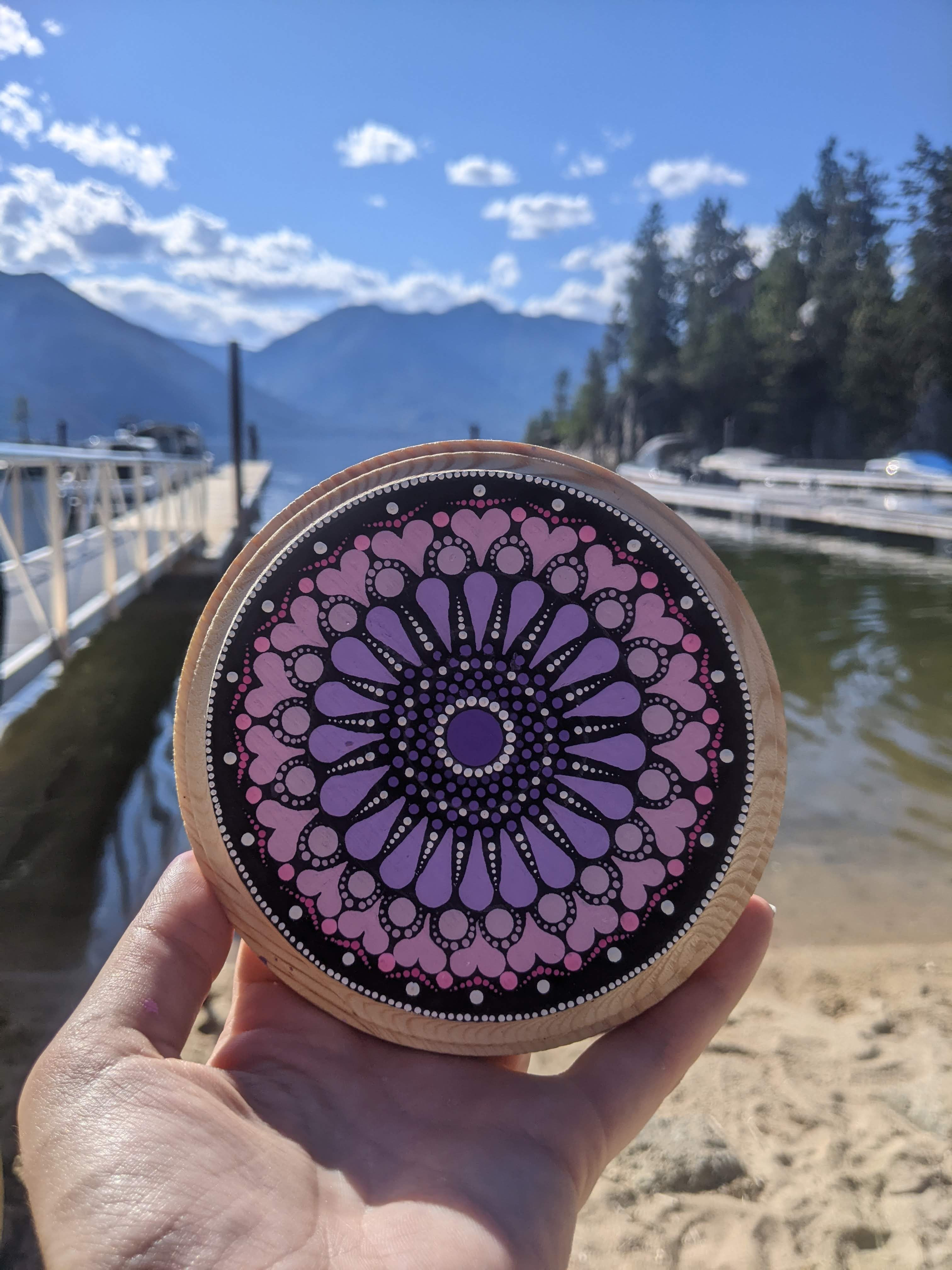 Purple Heart Mandala on Wood Canvas