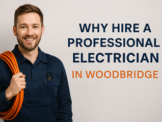 “Professional electrician in Woodbridge wearing navy overalls and holding an orange electrical cable, smiling confidently beside text that reads ‘Why Hire a Professional Electrician in Woodbridge’ — promoting local, expert electrical services.”