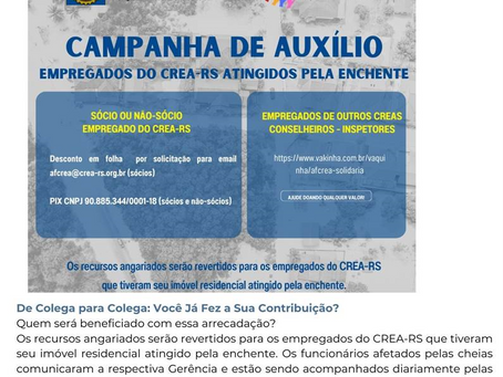 AFCrea e Crea-RS: Campanha de Arrecadação para colegas atingidos pela enchente (17/5/2024)