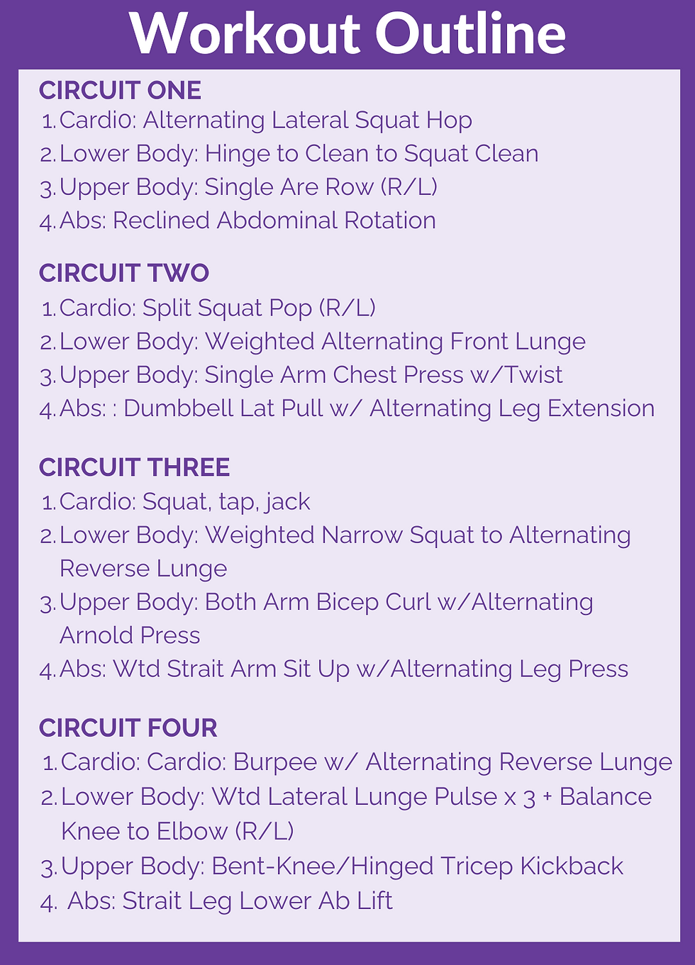purple image detailing the exercises in the circuit workout