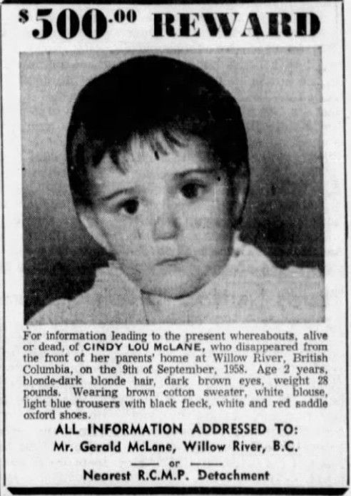 Missing child poster with a $500 reward, featuring a young child with short hair. The text details the child's disappearance in 1958.