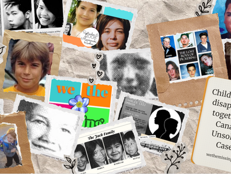 Black-and-white collage of The Jack Family: Color collage of pictures of children who disappeared together in Canada. Text at the bottom reads "Children who disappeared together in Canada: Unsolved Cases: wethemissing.com"