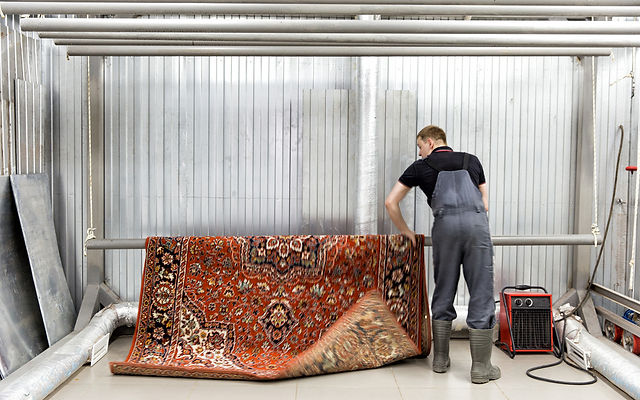 Technician inspecting and lifting an Oriental rug inside a controlled cleaning facility during professional Rug Cleaning Allentown service in Lehigh Valley.