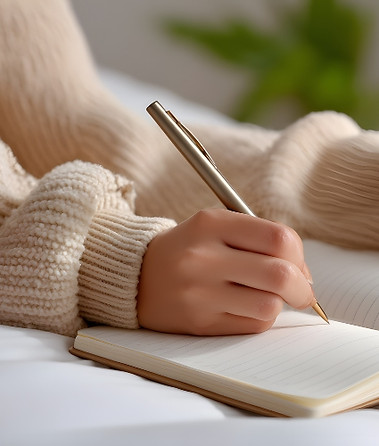 Eine Frau schreibt Ideen und Content-Notizen für Webseitentexte in ein Notizbuch