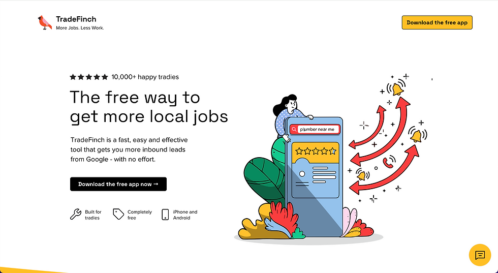 TradeFinch landing page with headline, download buttons, a woman on a phone app graphic, and arrows signaling job leads