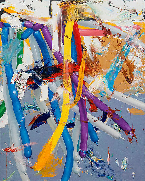 Balloons Maze 4. Abstract painting featuring a chaotic entanglement of long, multicolored balloon shapes mixed with broad, expressionistic paint strokes