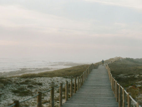 Coastal wooden walking path on foggy day