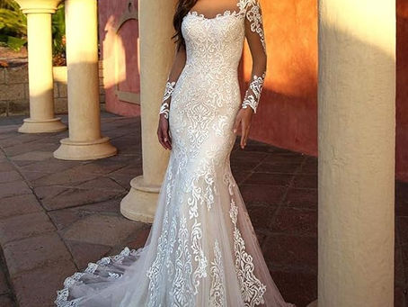 Beautiful White Fitted Long Sleeve Wedding Dress with Long Train