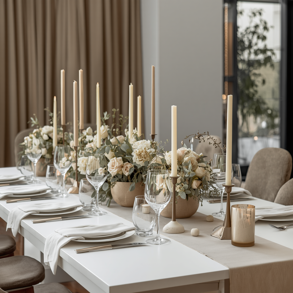 Décoration événementielle finalisée avec fleurs, bougies et arts de la table
