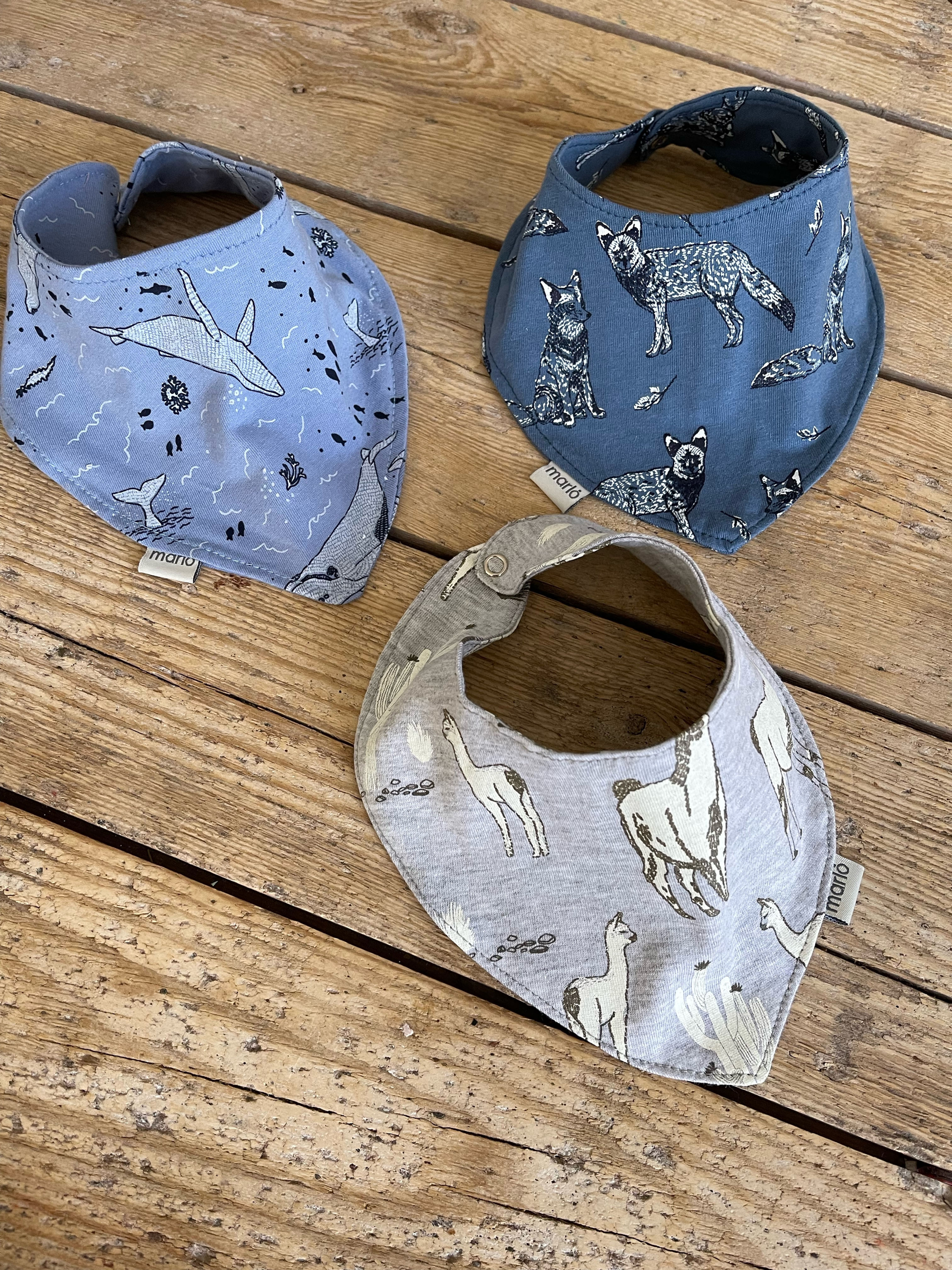 MARLÓ | Baby Bandana Drool Bib Set (3)  | BLUE WHALE, BLUE WOLF, GREY LLAMA