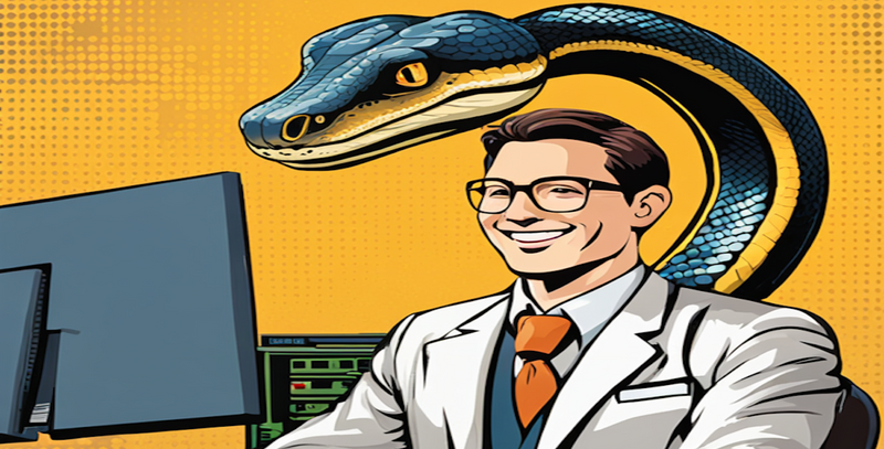 A data scientist looking and a python looking at a computer.
