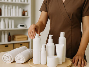 Visuel illustrant un présentoir professionnel de soins esthétiques haut de gamme, mettant en avant une sélection de produits utilisés en institut. Ce contenu est lié au rôle clé d’un grossiste esthétique comme WeDoSoin, partenaire de confiance des esthéticiennes et professionnels de la beauté.