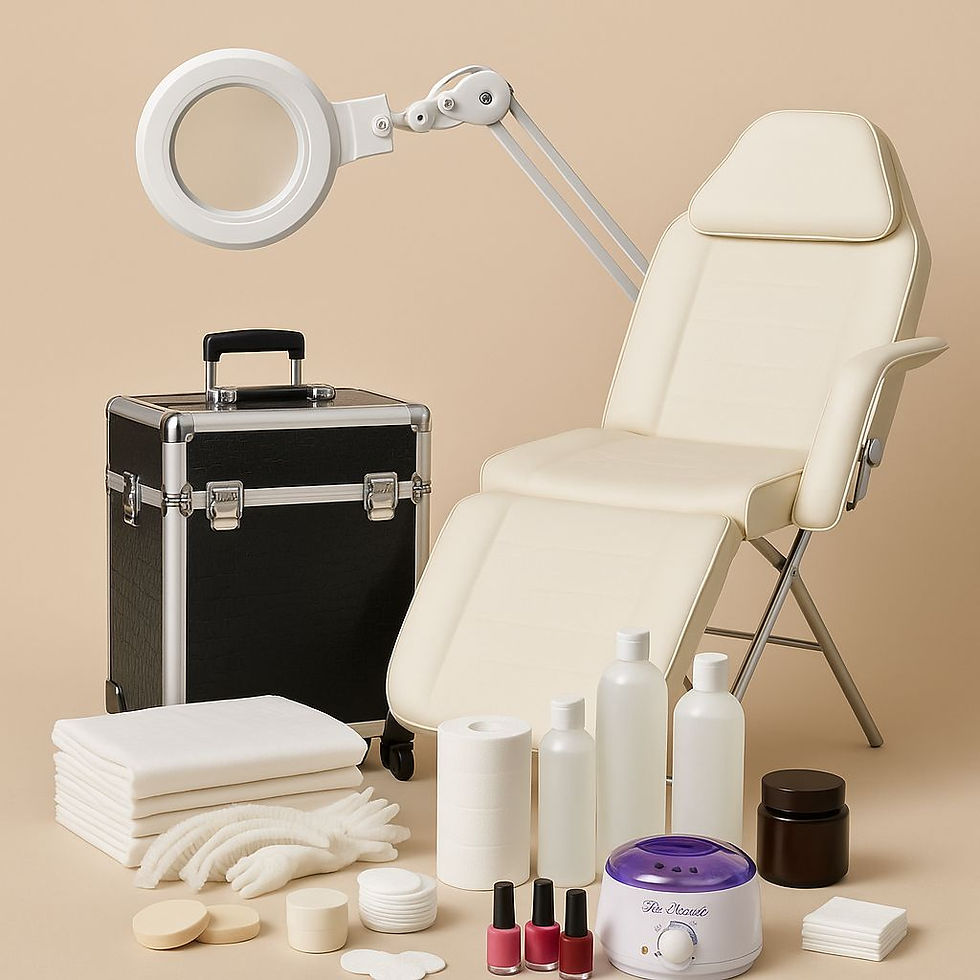 Équipement professionnel pour Esthéticienne à Domicile : fauteuil pliant, lampe loupe, mallette, chauffe-cire et consommables, sélection de Grossiste esthétique.