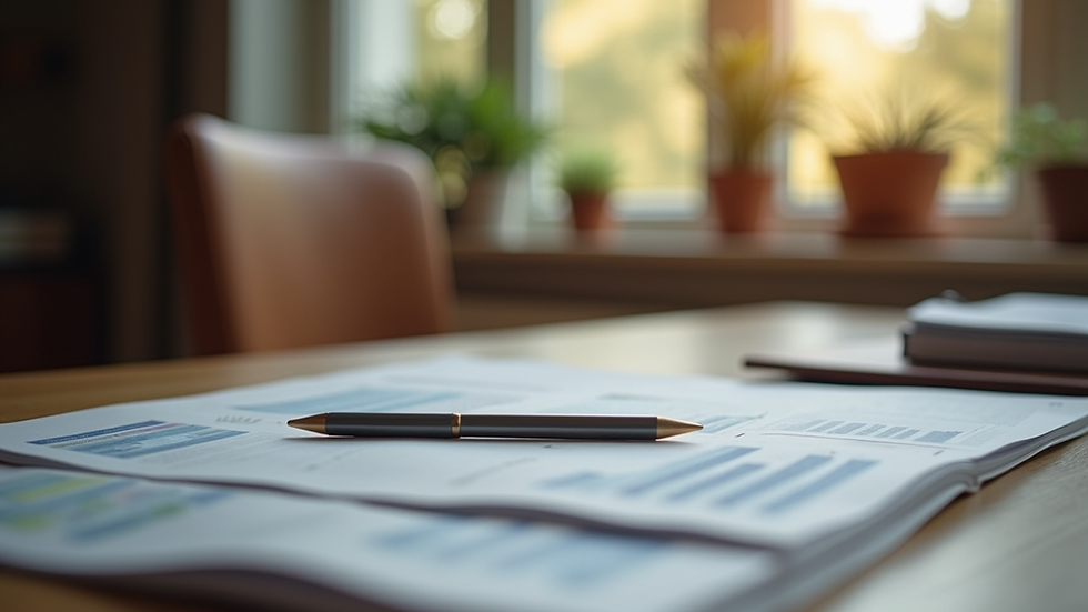 Eye-level view of a cozy home office with a financial planning book on the desk
