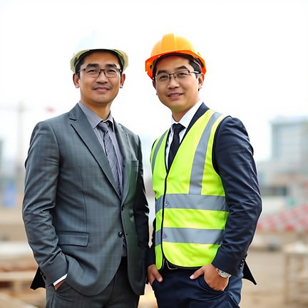 Two Handsome _asian in construction site, both wearing white helmat, one dressing in suit 
