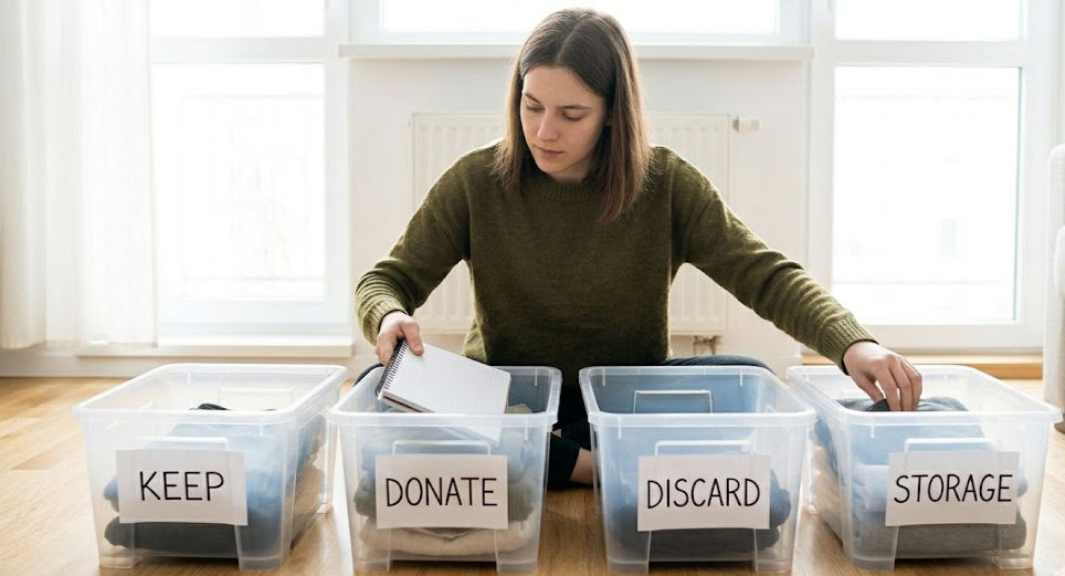 A woman organizes clothes in plastic bins labeled Keep, Donate, Discard, Storage. She's in a bright room, focused and thoughtful.