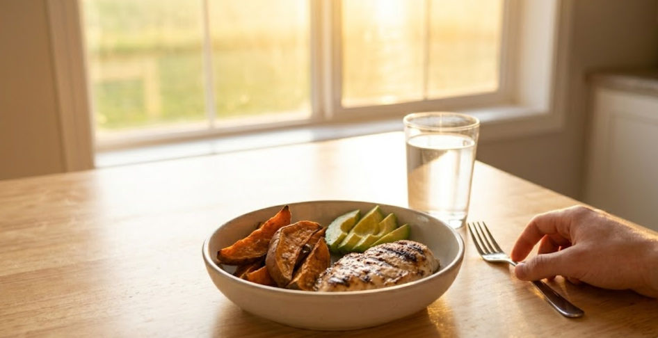 Plate with grilled chicken, sweet potatoes, and avocado on a sunlit table. A hand holds a fork beside a glass of water. Warm, cozy mood.