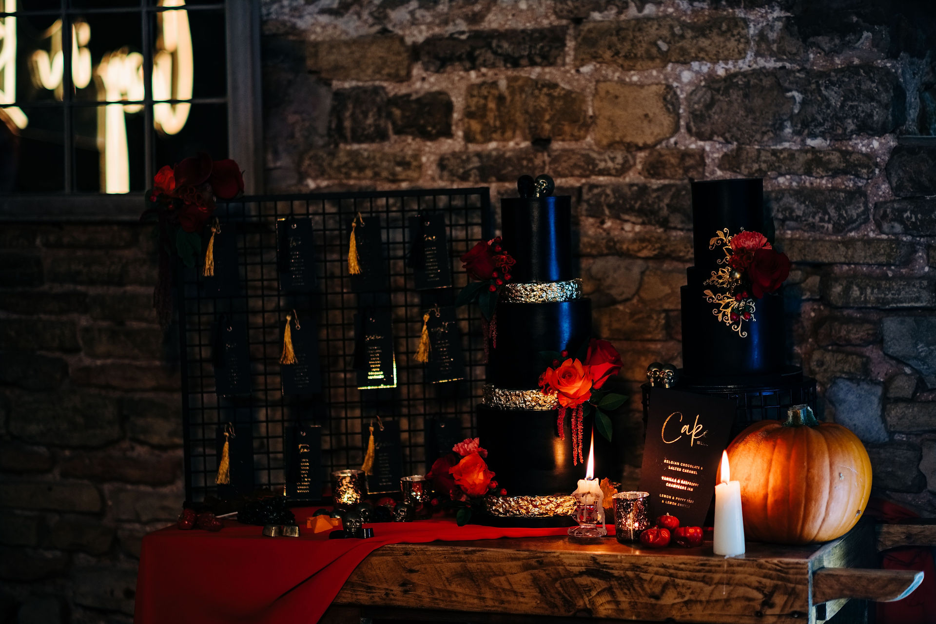 black and gold wedding stationary and cake