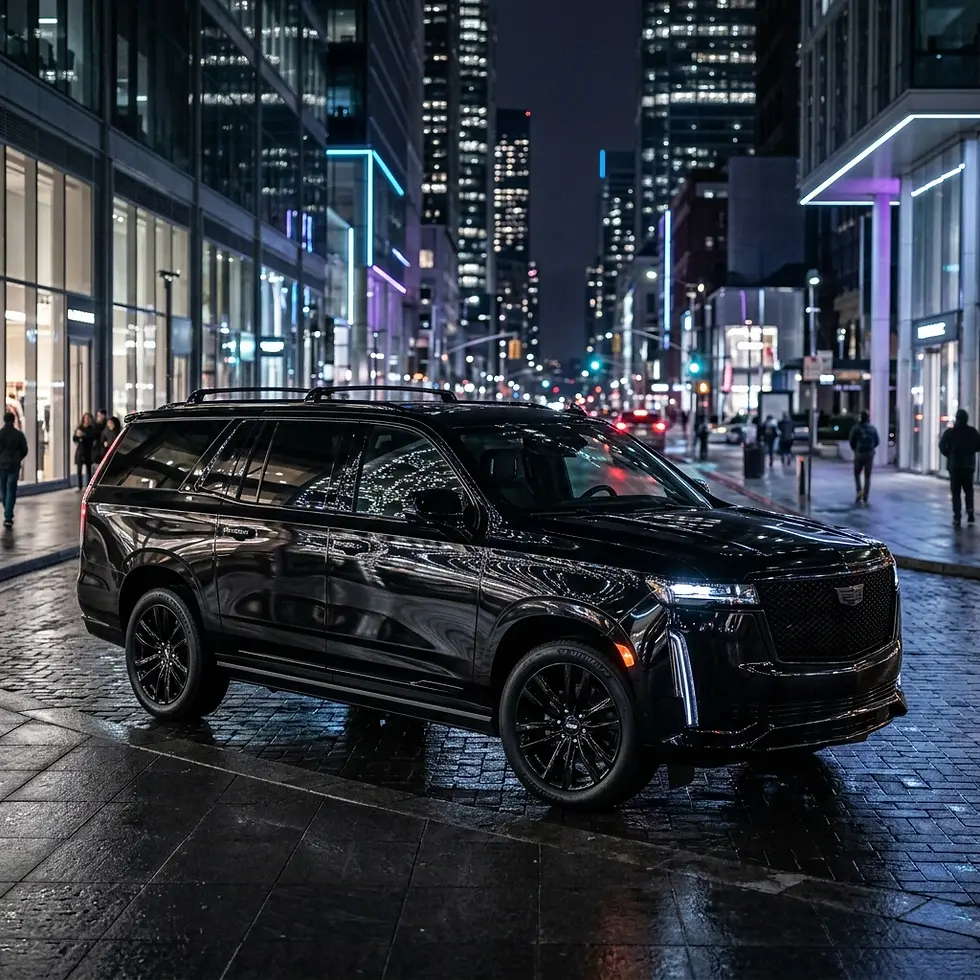 Urban photography of a sleek black Cadillac Escalade parked on a wet city street at night. The surrounding urban landscape is illuminated by neon lights, creating a luxurious and modern atmosphere.