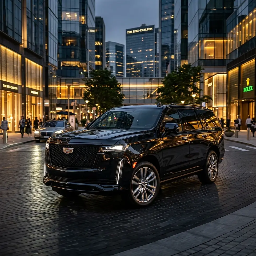 Automotive photography of a black Cadillac Escalade on a city street at dusk. The sophisticated SUV is showcased against modern illuminated buildings.