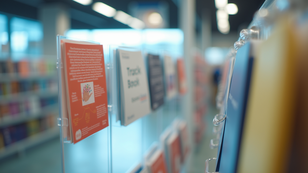 Eye-level view of a colorful brochure display in a bright environment