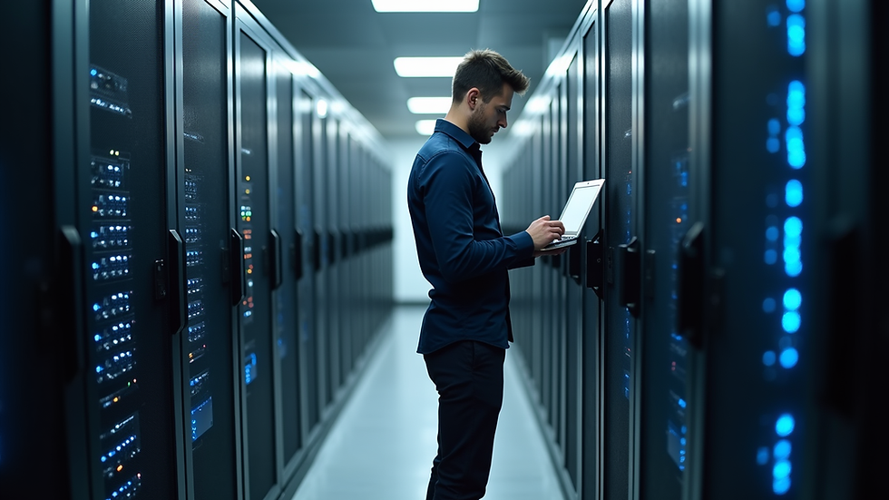 Vue rapprochée d’un technicien IT configurant un serveur dans une salle informatique