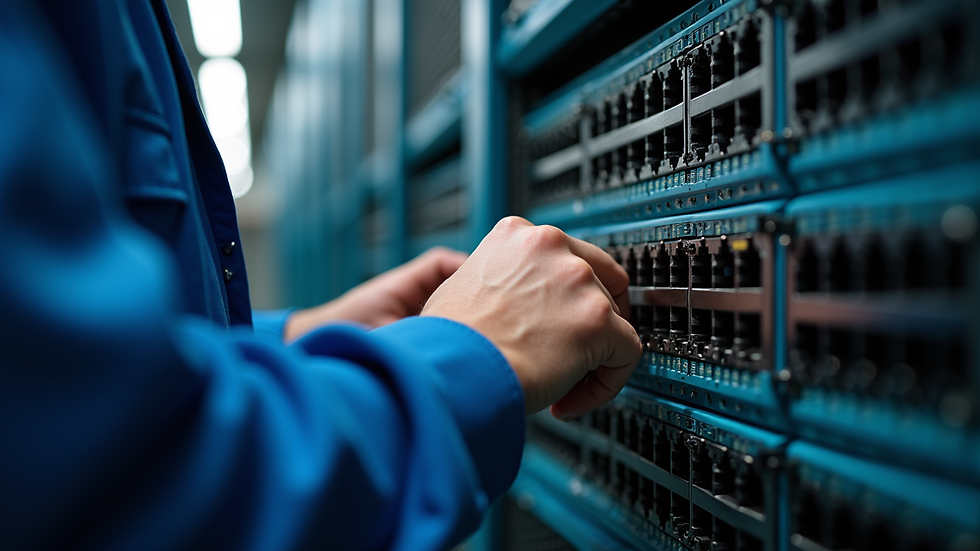 Close-up view of a technician configuring a network switch