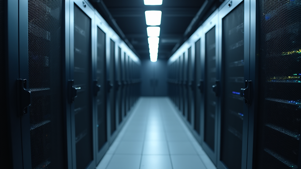 Eye-level view of a server room with network equipment