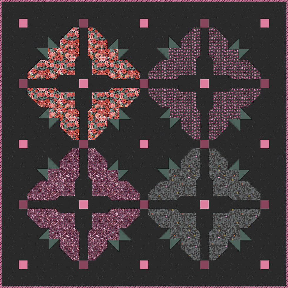 Thumbnail: Digital mockup of the Bats N Bloom Throw quilt showing four bat and flower-inspired blocks with pink cornerstones against a d