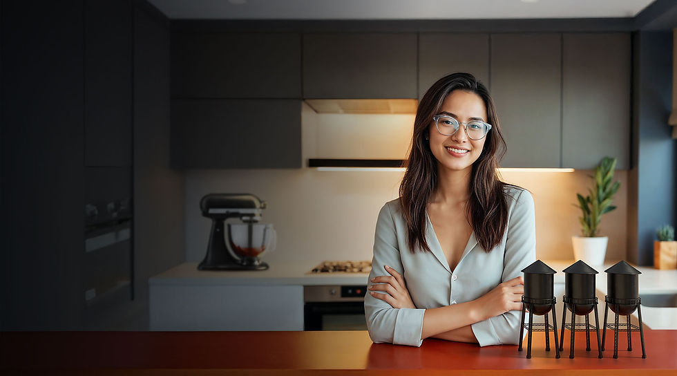 Cozinha planejada com mulher sorrindo apoiada no balcão. Uma miniatura das três caixas d'água de Porto Velho no balcão.